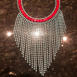 RED BLUE BEED FRINGE NECKLACE CHOKER